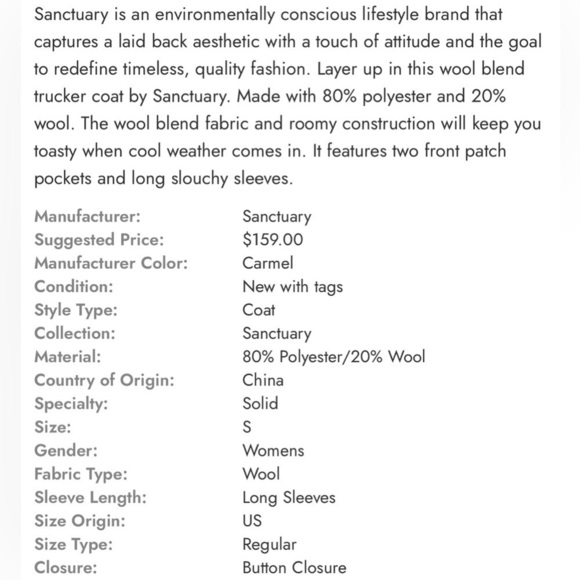 Sanctuary camel wool blend Shacket/jacket with pockets. Size Medium. NWT. - Picture 5 of 5